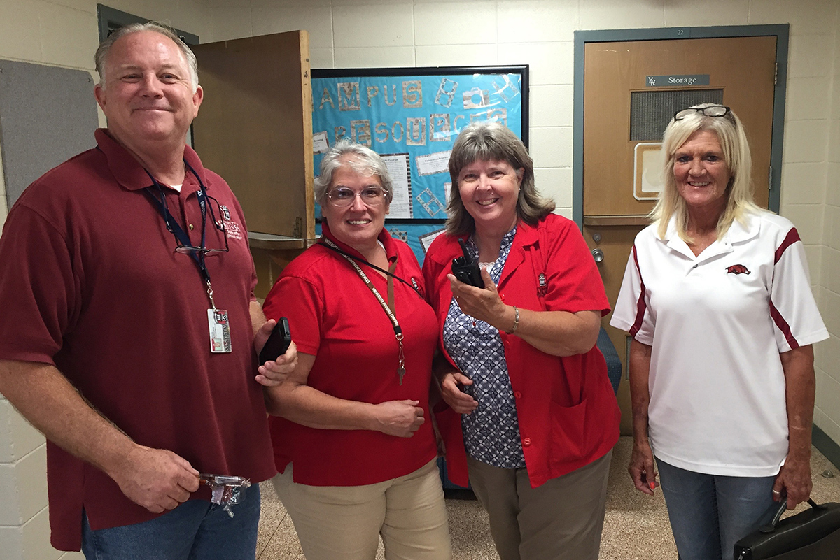 Residential Facilities staff taking care of business in Yocum Hall; from left : Seth Harpell, Kathy Thielen, Judy Kendrick, Barbara John.